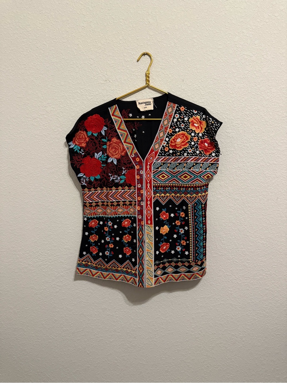Savanna Jane Black Floral Patchwork V-Neck Top with Red & Orange